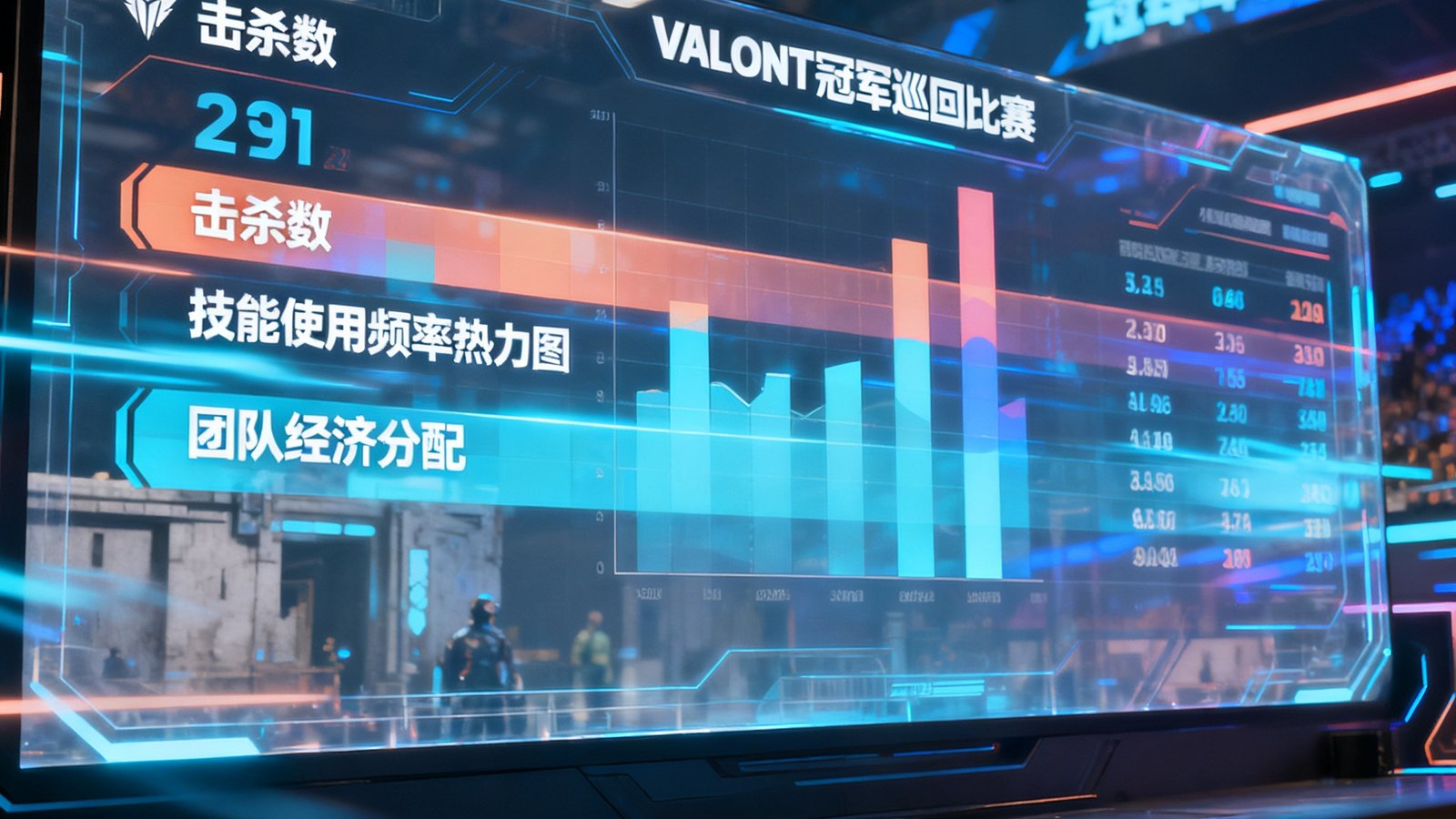 Valorant冠军巡回赛现场的数据分析大屏，实时滚动显示每位选手的击杀数、技能使用频率热力图和团队经济分配情况，数据面板设计充满未来科技感