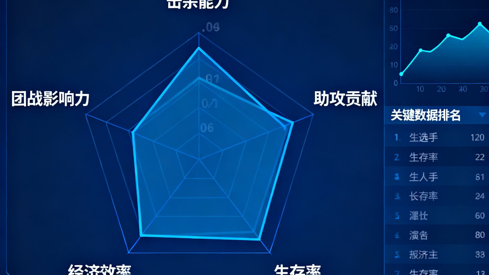 职业选手个人数据矩阵界面截图，中心为五维雷达图展示击杀能力、助攻贡献、生存率、经济效率和团战影响力，右侧配有该选手近三个月的历史表现曲线图和关键数据排名